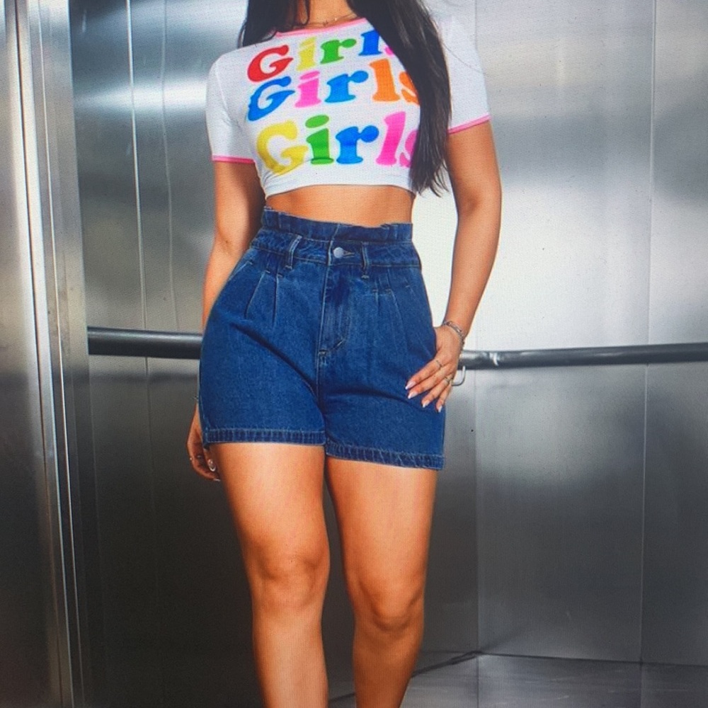 High-Waist Blue Denim Paperbag Shorts